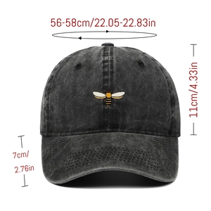 Detailed size guide showing crown depth and brim length for the bee embroidered baseball cap