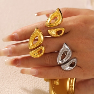Minimalist geometric hollow teardrop open rings in polished gold and silver finish