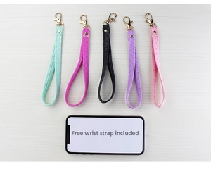 Detail of five multi-color PU leather wrist straps with golden lobster clasps