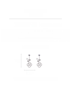 Detail view of rose earrings with silver rhinestones and gray pearl, measuring 8.1cm in height