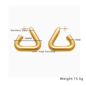 Macro view of triangular thick earrings in high polished gold-plated stainless steel