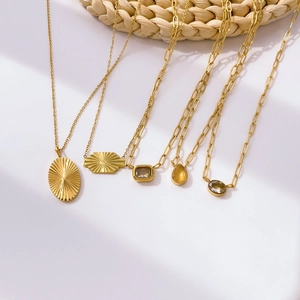 Titanium Steel 18K Gold Plated Geometric Pendant Necklace Sunburst Texture Oval Square Zircon Waterdrop Minimalist Women