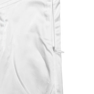 Close-up of the hidden zipper on a white satin backless dress showing fine texture