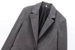 Close-up of grey herringbone wool blend blazer showing fabric texture and buttons