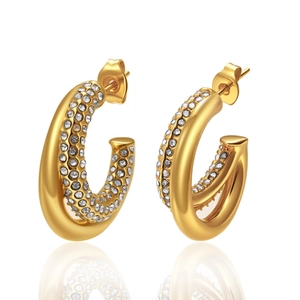 Elegant 18K gold-plated C-shaped twisted earrings with sparkling crystals for women