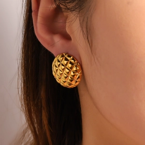 Classic gold-tone stainless steel stud earrings with textured quilted pattern for women