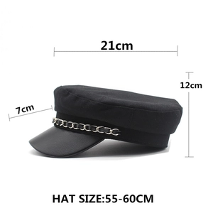 Black PU leather brim wool newsboy hat with silver chain and size specifications