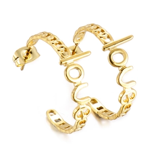 Stainless Steel Hoop Earrings With Hollow LOVE Letters And Cuban Link Texture Retro Minimalist Style For Women