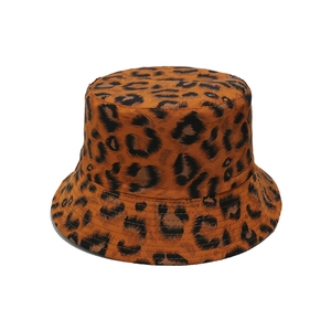Detail of leopard print bucket hat showing cotton twill fabric and reinforced stitched brim