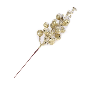 Golden artificial berries branch with frost effect for Christmas tree decoration DIY craft