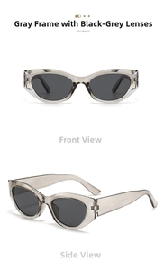 Front and side view of cat eye sunglasses with translucent grey frame and dark grey lenses
