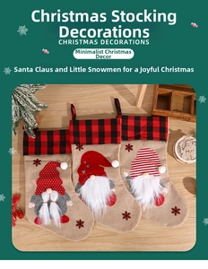 Detailed view of three burlap Christmas stockings with faceless gnomes and plaid cuffs
