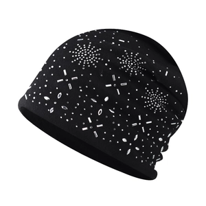 Women's black knit beanie featuring sparkling silver snowflake rhinestone patterns for winter