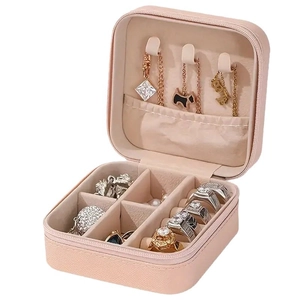 Portable pink PU leather jewelry box with mirror for rings and earrings storage