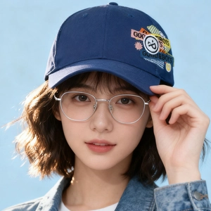 Navy blue cotton baseball cap with colorful smiley face embroidery and GOOD&BOYS text