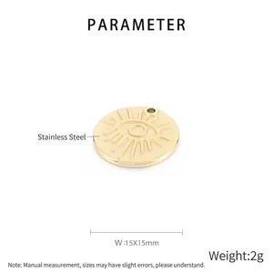 Detailed view of 15x15mm golden stainless steel Evil Eye pendant with product dimensions