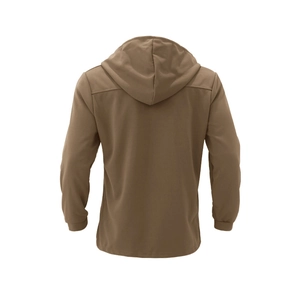Rear view of brown slim fit hooded trench coat with ribbed cuffs and hem details
