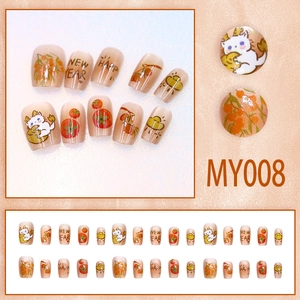 Cat eye press-on nails with New Year baby dragon, persimmon, and cat art designs