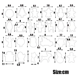 Size chart showing width and height dimensions for 25 Christmas cookie cutter shapes