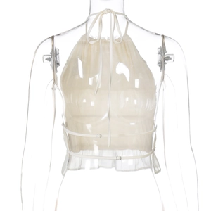 Dettaglio del top beige con schiena scoperta, orlo a balze e design con lacci su manichino