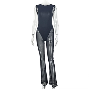 Close-up of black mesh patchwork jumpsuit featuring slim fit and backless design