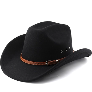 Vintage Western Cowboy Hat For Men Women Wide Brim Felt Jazz Fedora With Leather Belt Buckle Breathable Holes