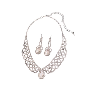 Elegant silver teardrop crystal necklace and earrings set for formal evening wear