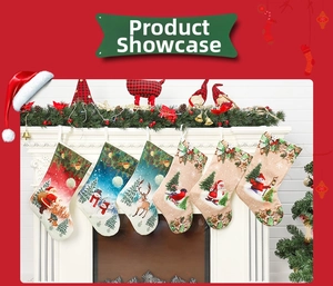 Detail of six festive Christmas stockings with reindeer and Santa prints on a white fireplace