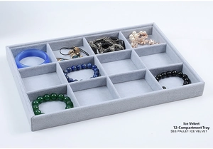 Gray-blue ice velvet jewelry tray with 12 compartments for rings and necklaces