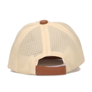 Detailed back view of a breathable mesh baby baseball cap with brown adjustable strap