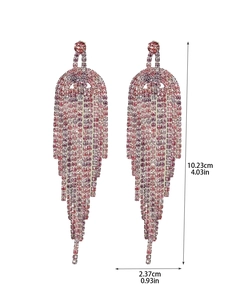 Detail view of pink rhinestone tassel earrings with dimensions 10.23cm height and 2.37cm width