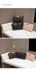 Detailed display of four color crossbody bags with chain straps and logo pattern