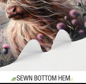 Detail of the sewn bottom hem on a 3D Christmas Highland cow and thistle shower curtain
