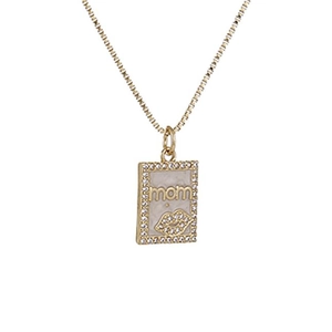 Gold MOM pendant necklace with sparkling rhinestones and lip motif for Mother's Day gift