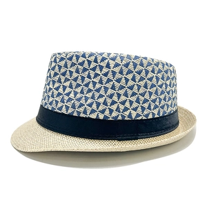 Close-up of blue and white striped straw fedora with black decorative ribbon band