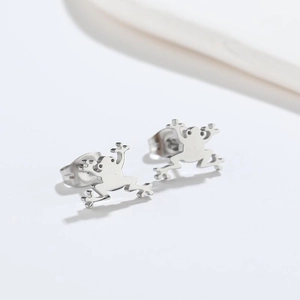 Minimalist cute silver frog stud earrings for women in polished stainless steel