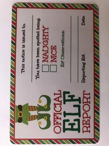 Close-up of Official Elf Report card for Christmas interaction with naughty or nice list