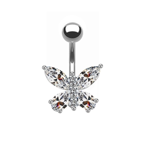 Detail shot of silver butterfly belly ring featuring sparkling clear zircon crystals