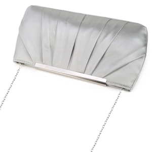 Detailed view of silver pleated satin evening clutch bag with detachable metal chain strap
