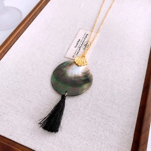 Macro detail of iridescent shell pendant necklace with black fringe and gold chain