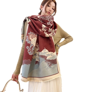 Elegant floral and landscape cashmere-feel scarf with tassels for winter warmth
