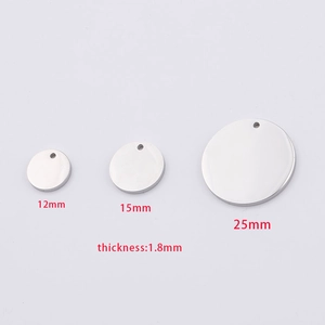 Polished stainless steel round tags in 12mm, 15mm, and 25mm sizes with 1.8mm thickness
