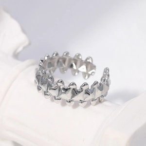 Minimalist silver geometric gear ring with adjustable open band and polished finish