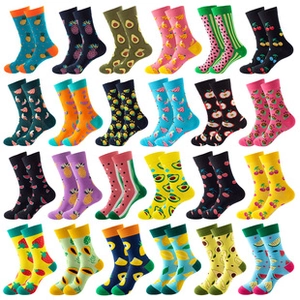 Detailed grid view of assorted cotton socks featuring colorful tropical fruit patterns