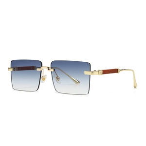 Modern rectangular rimless sunglasses with blue gradient lenses and wood grain temples