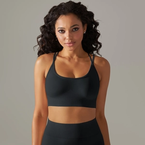 Detailed close-up of seamless knitted texture and ribbed hem on black sports yoga bra