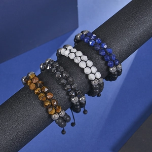 Double-layer braided men's bead bracelet with tiger eye stone and black hematite on display