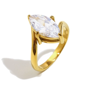 18K gold plated stainless steel ring with marquise cut zircon in a 45-degree side view