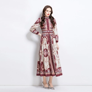 Elegant vintage palace print maxi dress with high stand collar and matching waist belt