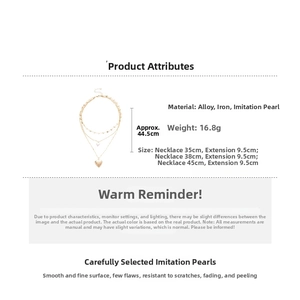 Detailed specs of triple-layered pearl necklace with heart pendant and alloy material